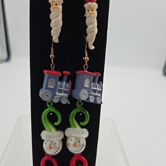 Vtg Christmas Holiday Pierced Dangle Earrings-4 Pair Santa Clause Snowman Train - Picture 3 of 9